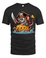 Funny Pirate Mouse Cheese Boat Graphic T-Shirt - black t-shirt on white background