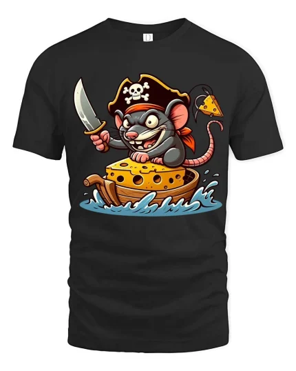 Funny Pirate Mouse Cheese Boat Graphic T-Shirt - black t-shirt on white background