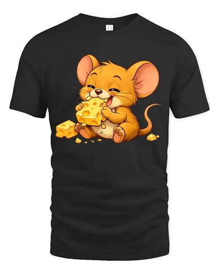 Cute Mouse Eating Cheese Cartoon Graphic T-Shirt - black t-shirt on white background