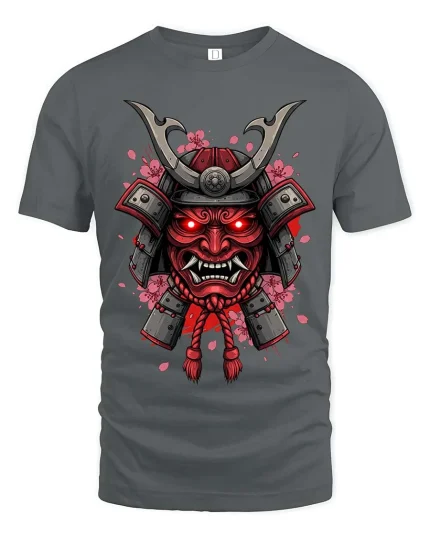 Samurai Oni Mask Japanese Warrior Graphic T-Shirt - gray t-shirt on white background