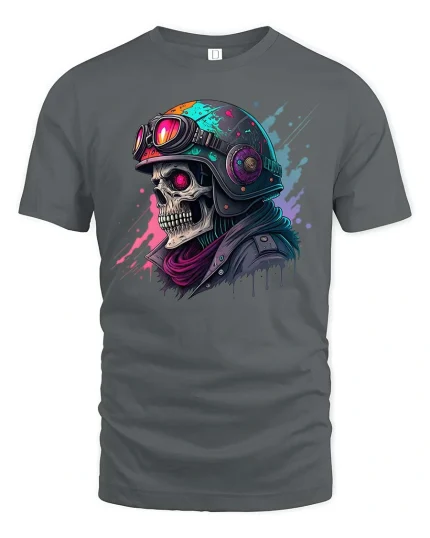 Neon Skull Biker Graphic T-Shirt - gray t-shirt on white background