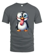 Funny Goofy Penguin Cartoon Graphic T-Shirt - gray t-shirt on white background