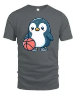 Cute Penguin Basketball Cartoon Graphic T-Shirt - gray t-shirt on white background