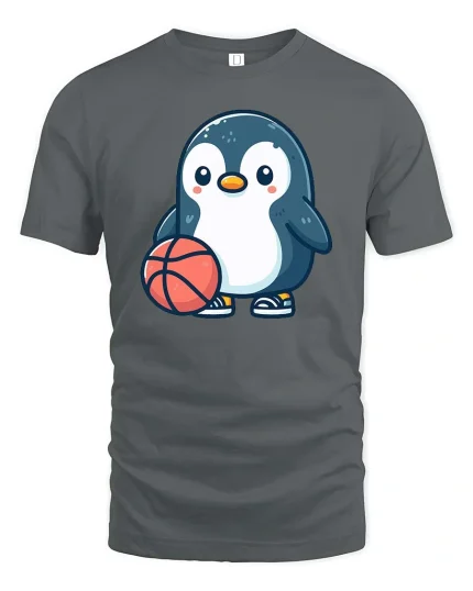 Cute Penguin Basketball Cartoon Graphic T-Shirt - gray t-shirt on white background