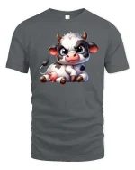 Cute Grumpy Cow Cartoon Graphic T-Shirt - gray t-shirt on white background