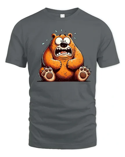 Funny Scared Bear Cartoon Graphic T-Shirt - gray t-shirt on white background