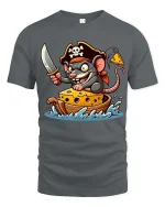 Funny Pirate Mouse Cheese Boat Graphic T-Shirt - gray t-shirt on white background