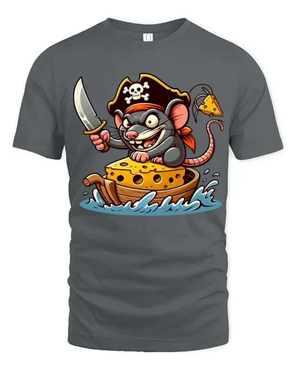 Funny Pirate Mouse Cheese Boat Graphic T-Shirt - gray t-shirt on white background