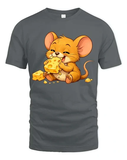 Cute Mouse Eating Cheese Cartoon Graphic T-Shirt - gray t-shirt on white background