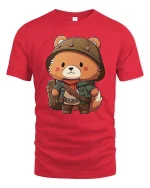 Cute Explorer Bear Cartoon Graphic T-Shirt - red t-shirt on white background