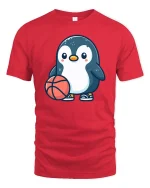 Cute Penguin Basketball Cartoon Graphic T-Shirt - red t-shirt on white background