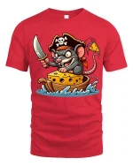 Funny Pirate Mouse Cheese Boat Graphic T-Shirt - red t-shirt on white background