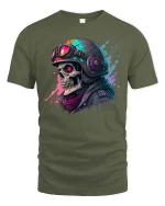 Neon Skull Biker Graphic T-Shirt - military green t-shirt on white background