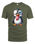 Funny Goofy Penguin Cartoon Graphic T-Shirt - military green t-shirt on white background