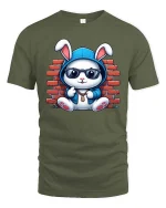 Cool Bunny Street Style Graphic T-Shirt - military green t-shirt on white background