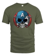 Patriotic Skull Shield Graphic T-Shirt - military green t-shirt on white background