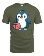 Cute Penguin Basketball Cartoon Graphic T-Shirt - military green t-shirt on white background