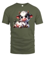 Cute Grumpy Cow Cartoon Graphic T-Shirt - military green t-shirt on white background
