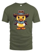 Cute Cowboy Duck Cartoon Graphic T-Shirt - military green t-shirt on white background