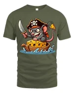 Funny Pirate Mouse Cheese Boat Graphic T-Shirt - military green t-shirt on white background