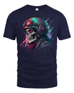 Neon Skull Biker Graphic T-Shirt - navy t-shirt on white background