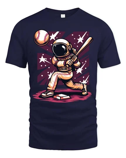 Astronaut Baseball Player Space Graphic T-Shirt - navy t-shirt on white background