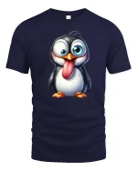 Funny Goofy Penguin Cartoon Graphic T-Shirt - navy t-shirt on white background