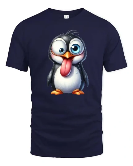 Funny Goofy Penguin Cartoon Graphic T-Shirt - navy t-shirt on white background