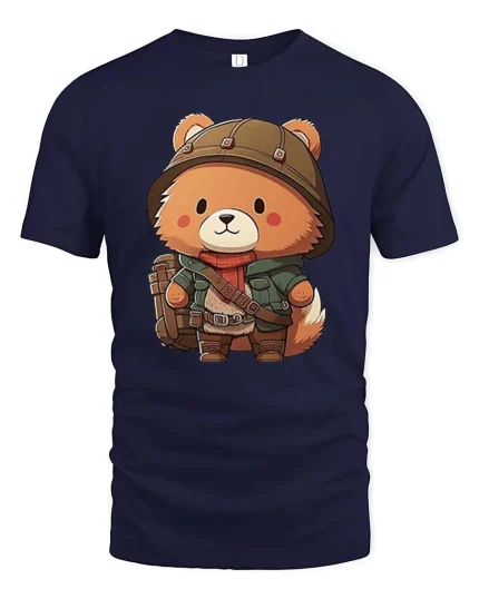Cute Explorer Bear Cartoon Graphic T-Shirt - navy t-shirt on white background