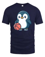 Cute Penguin Basketball Cartoon Graphic T-Shirt - navy t-shirt on white background