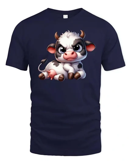 Cute Grumpy Cow Cartoon Graphic T-Shirt - navy t-shirt on white background