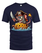 Funny Pirate Mouse Cheese Boat Graphic T-Shirt - navy t-shirt on white background