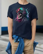 Neon Skull Biker Graphic T-Shirt - model wearing navy tee with hands in pockets
