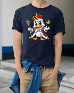 King Duck Cartoon Royal Graphic T-Shirt - model wearing navy tee with hands in pockets