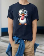 Funny Goofy Penguin Cartoon Graphic T-Shirt - model wearing navy tee with hands in pockets