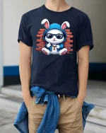 Cool Bunny Street Style Graphic T-Shirt - model wearing navy tee with hands in pockets