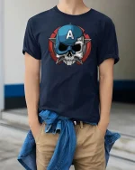 Patriotic Skull Shield Graphic T-Shirt - model wearing navy tee with hands in pockets