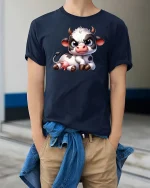 Cute Grumpy Cow Cartoon Graphic T-Shirt - model wearing navy tee with hands in pockets