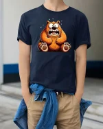 Funny Scared Bear Cartoon Graphic T-Shirt - model wearing navy tee with hands in pockets