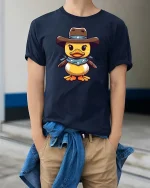 Cute Cowboy Duck Cartoon Graphic T-Shirt - model wearing navy tee with hands in pockets