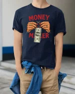 Money Maker Cash Graphic T-Shirt - model wearing navy tee with hands in pockets
