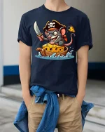 Funny Pirate Mouse Cheese Boat Graphic T-Shirt - model wearing navy tee with hands in pockets