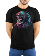 Neon Skull Biker Graphic T-Shirt - model wearing black tee with hands behind back