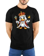 King Duck Cartoon Royal Graphic T-Shirt - model wearing black tee with hands behind back
