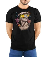 Pop Art Statue Parody Graphic T-Shirt - model wearing black tee with hands behind back