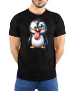 Funny Goofy Penguin Cartoon Graphic T-Shirt - model wearing black tee with hands behind back