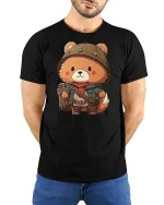 Cute Explorer Bear Cartoon Graphic T-Shirt - model wearing black tee with hands behind back