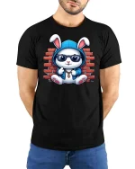 Cool Bunny Street Style Graphic T-Shirt - model wearing black tee with hands behind back