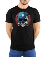 Patriotic Skull Shield Graphic T-Shirt - model wearing black tee with hands behind back