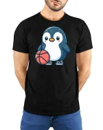 Cute Penguin Basketball Cartoon Graphic T-Shirt - model wearing black tee with hands behind back
